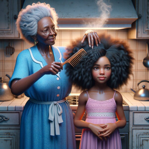 Create a realistic 3-D image of an african-American grandmother wearing a blue house dress. She is in the kitchen with her african-American granddaughter. Her granddaughter is wearing a pink dress The grandmother has a hot comb in her hand and she is straightening her granddaughters hair. One side of her granddaughters hair is in  a Afro the other straight 
There is smoke coming from the hot comb