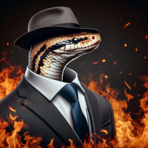 Snake in business suit and hat stay in flame