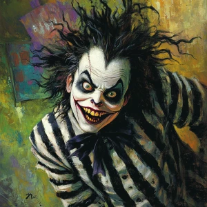 Create an illustration of Beetlejuice, the mischievous and flamb...