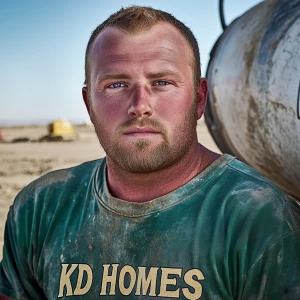 Brian Nobles a real 28 year old Caucasian male who is using  a concrete mixer, he is a  pump operator holding the hose which carries the liquid concrete to the foundation pour, Brian is slowly  beginning his transition into adult maturity , Brian Nobles is beginning to look like a grown man, he has large reflective blue eyes and a wrinkled brow,Brian is now balding , prominent large protruding round fat obese belly,,thick greying goatee beard, healthy muscle mass ,very noticeable male pattern balding hairline, Brian Nobles now has a  prominent receding and thinning male hairline (onset male pattern baldness), slightly fat overweight(Caucasian)wearing tight body conforming  glossy satin shiny green and gold tight fitting body conforming UnderArmour athletic bodysuit,emblazoned with the "KD HOMES" real estate logo, standing confidently in front of a newly completed constructed new KD HOME in Victorville California in a raw desert landscape. Brian has a protruding fat obese muscular physique, large male bulge, fat obese muscular frame , shows a substantial frame with a noticeable mature hairline and expressive eyes. His workman’s  pose should reflect his experience in his trade.