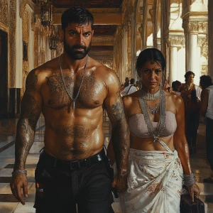 realistic painting,a muscular, tattooed employer man and his 54-...