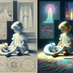 "A little girl with angelic features is sitting serenely on the...