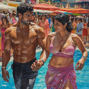 Create a realistic art piece depicting a muscular, sweaty man in...