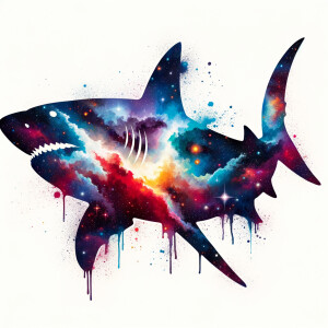 Outer space cosmic watercolor filled animal silhouette, on a bla...
