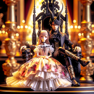 A beautiful girl named lilith with gothic lolita dress sit on the lap of handsome Lucifer with black horn, elegant and epic scene, sitting on the thrones, 3D, humanlike, high res