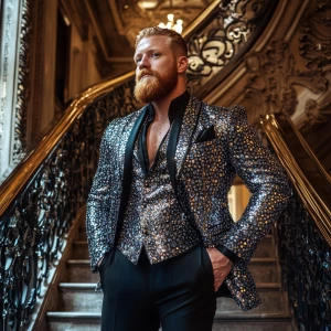 A muscular man with a ginger beard, wearing a tailored Swarovski...