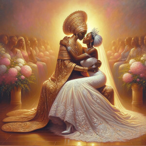 Imagine a hyper-realistic oil painting that captures a tender moment between theAfrican American bride and her God. The setting is intimate and filled with soft, warm lighting that enhances the emotional depth of the scene. The bride, in herexquisite wedding gown, shares a heartfelt embrace with her african-American Lord Jesus , who is dressedin an elegant outfit that complements the wedding's color scheme. Their expressions are full of love, pride, and joy, reflecting the special bond between them. Theattention to detail is paramount, from the intricate designs of their dresses to the subtle emotions conveyed in their facial expressions. The background is a blur ofgentle pastel hues, ensuring that the focus remains on this touching moment. Thispainting should convey the warmth, love, and depth of the relationship, with the rich textures and vibrant strokes characteristic of oil paintings, capturing the essence of this significant pre-wedding moment.