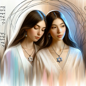 Two beautiful Jewish women with the star of David and the backgr...