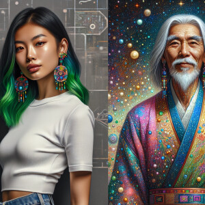 A whimsically ancient Wanderer, shrouded in vibrant robes of wov...