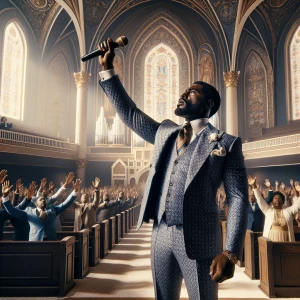 A handsome black man in a sharp suit holding a microphone in lef...