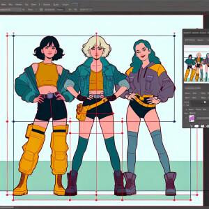 1990s anime screencap, 3 girls a plugsuit, standing with hands o...