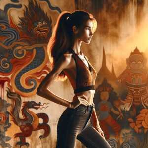 Athletic Thin skinny Attractive, Asian teenage girl, long brown hair and bangs, wearing tight skinny jeans and a halter top paint marks on her clothing, heroic pose Asian graffiti background, side view