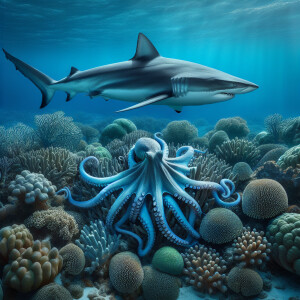 Generate an image of a shark gliding through the clear blue ocea...