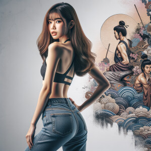 Athletic Thin skinny Attractive, Asian teenage girl, long brown hair and bangs, wearing tight skinny jeans and a halter top paint marks on her clothing, heroic pose Asian graffiti background, backside view