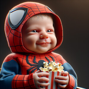 Newborn baby in spiderman costume, eating popcorn, photorealisti...