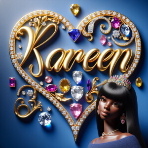 Craft a 3-D image showcasing the name 'KAREN' in a luxurious gol...