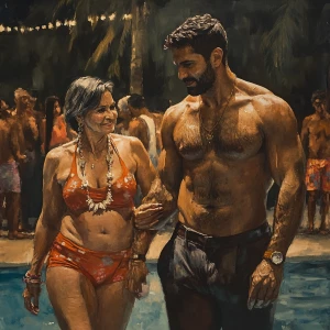 Realism art,a muscular beefy sweaty man walking with his 51 year...