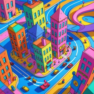 A high-angle colorful illustration of a surreal cartoon city cal...