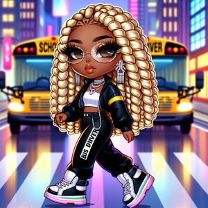 Create a stylish and confident Chibi-style school bus driver, a...