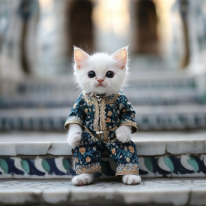 A white kitten with black eyes wearing Indonesian santri clothes...