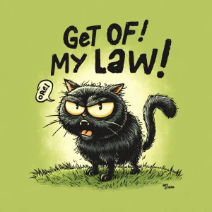 A grumpy cartoon-style cat standing on a lawn, fur fluffed up, o...