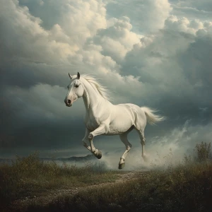 A ghostly horse materializes from the billowing clouds overhead,...