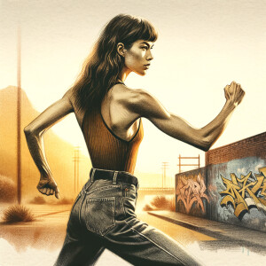 Athletic Thin skinny Attractive, Asian teenage girl, long brown hair and bangs, wearing tight skinny jeans and a halter top paint marks on her clothing, heroic pose Asian graffiti background, backside view