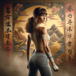 Athletic Thin skinny Attractive, Asian teenage girl, long brown hair and bangs, wearing tight skinny jeans and a halter top paint marks on her clothing, heroic pose Asian graffiti background, backside view