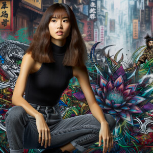 Very thin Athletic Thin skinny Attractive, Asian teenage girl, long brown hair and bangs, wearing tight skinny jeans and a halter top paint marks on her clothing, sitting side view heroic pose Asian graffiti