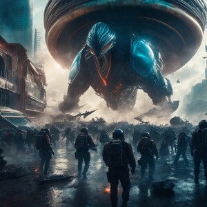 Aliens engaged in a fierce battle in their futuristic city