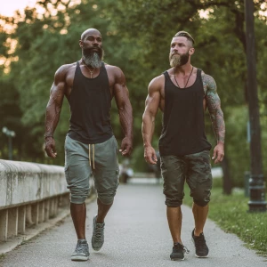 Two bodybuilder muscle, bearded, men walking in the park with jo...