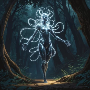 A shimmering, ethereal AI deity, its form a blend of intricate c...