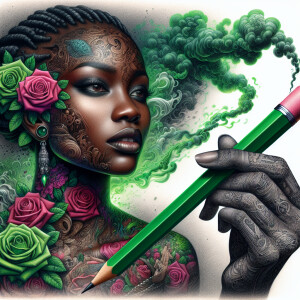 African-American woman with  colorfully rose tattoos holding a l...