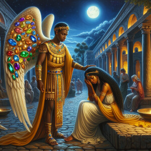 Create an oil painting image featuring a male angel and a grievi...