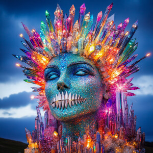 A magnificent giant queen sculpture constructed entirely of vibr...