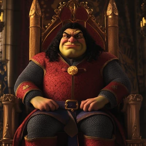 Create a digital portrait of Lord Farquaad, the antagonist from the Shrek film series, capturing his distinctive medieval attire, pompous expression, and short stature while sitting on his extravagant throne in Duloc Castle.