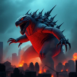 "Emerging from the depths, an enormous, menacing kaiju towers ov...