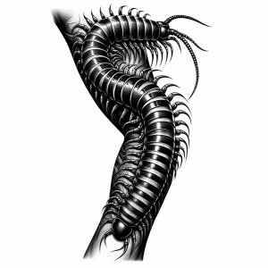 A tattoo sleeve sketch in a realistic black-and-white style: a h...