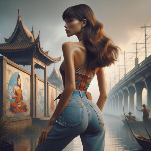 Athletic Thin skinny Attractive, Asian teenage girl, long brown hair and bangs, wearing tight skinny jeans and a halter top paint marks on her clothing, heroic pose Asian graffiti background, backside view