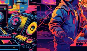 A retropunk illustration of a futuristic DJ set, blending vintag...