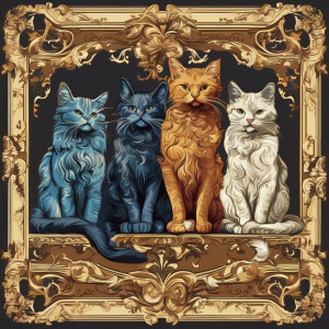 Five mischievous cats of different colors are playing together,...