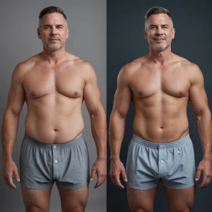 Create a side-by-side image of a man, about 45 years old featuri...