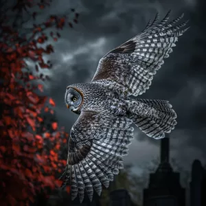 Great Grey Owl in flight over a cemetery at night. The backdrop...
