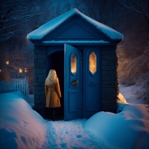 A girl with blonde hair opens the door of the house, at night in...