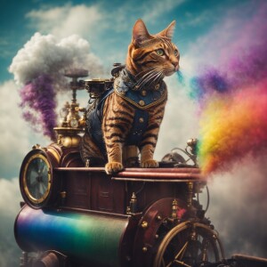 A Cat, flying with rainbow colors and a steam punk vibe on a ste...