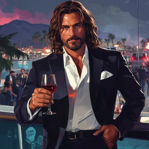 A man with long, wavy brown hair and a beard, dressed in a black...