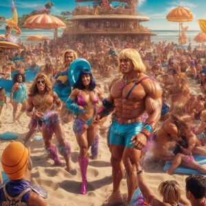 Create an illustration of a crossover cartoon featuring He-Man c...