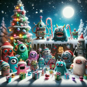 Christmas image. Cute Monsters and robots  singing Christmas car...
