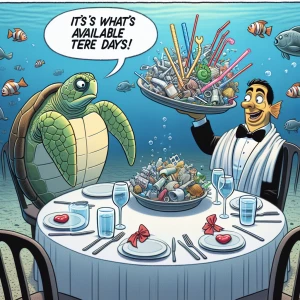 A cartoon showing a sea turtle sitting at a fancy dining table u...