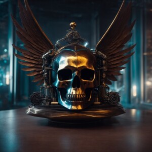 a mysterious device—a highly detailed metal skull with sharp met...